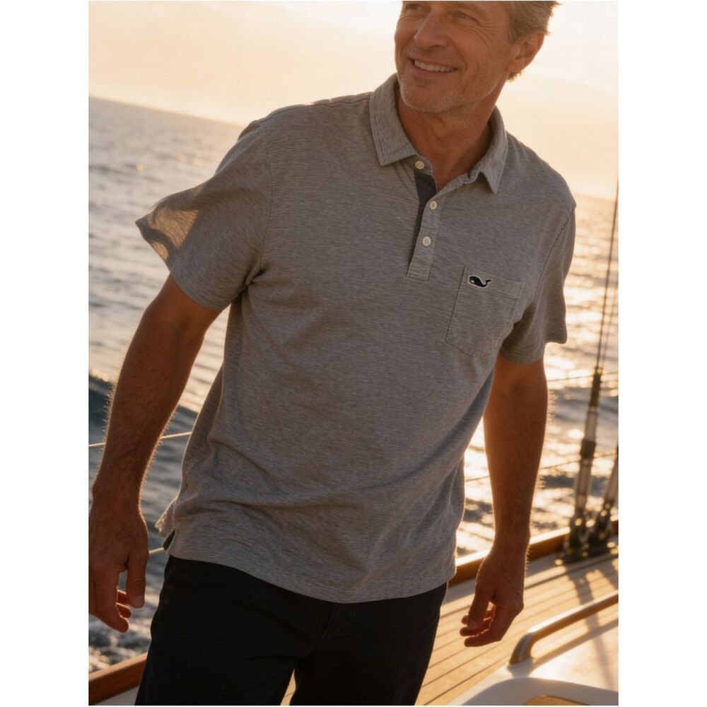 Vineyard Vines Men's Light Heather Gray/blue Polo with Contrast Placket size L